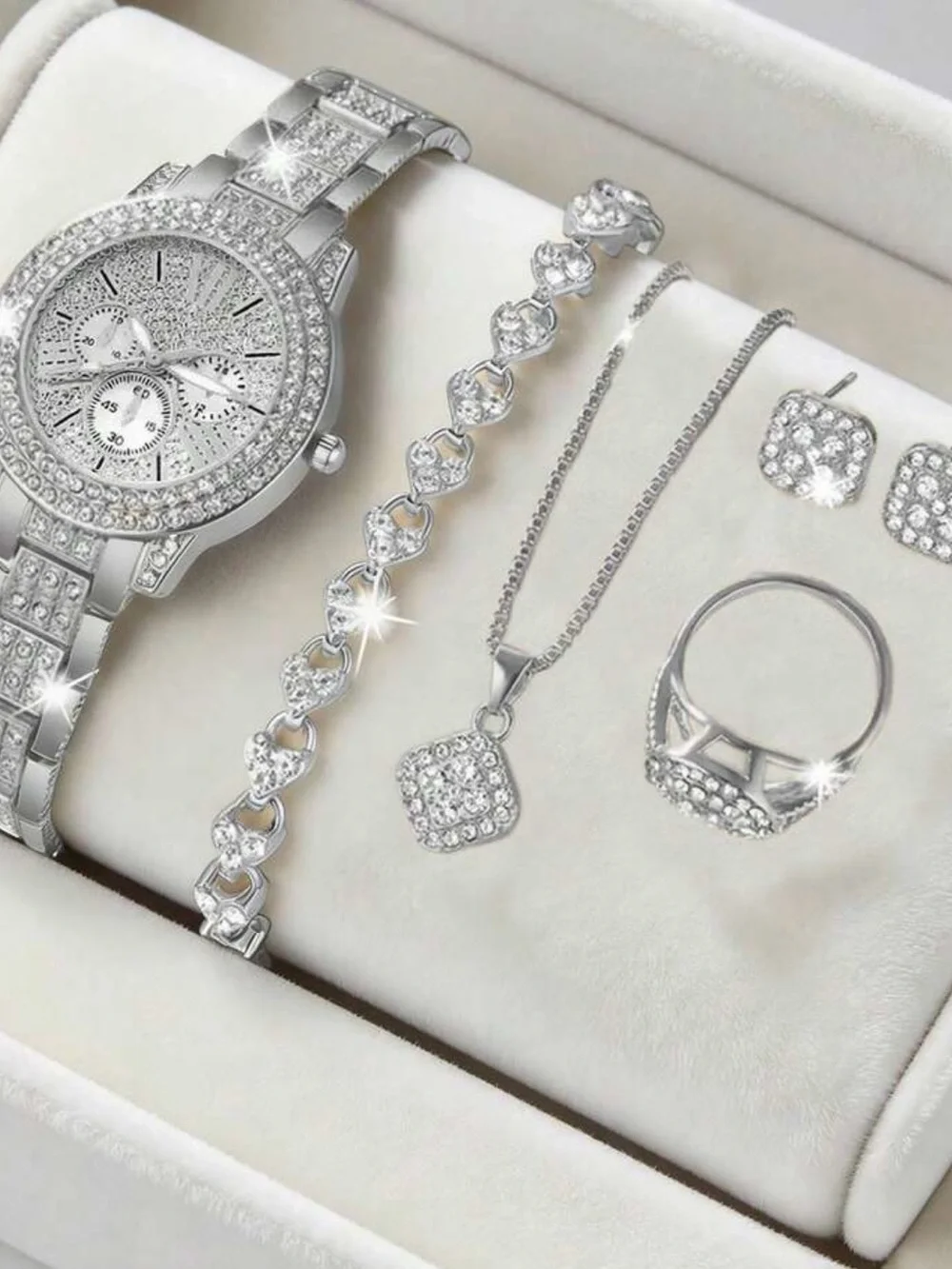 5 piece Sterling Silver Crystal Watch and Jewelry Set - box not included